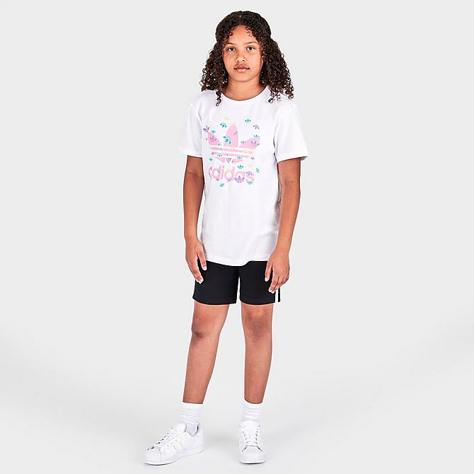 Front Three Quarter view of Girls' adidas Originals Allover Trefoil T-Shirt in White Click to zoom