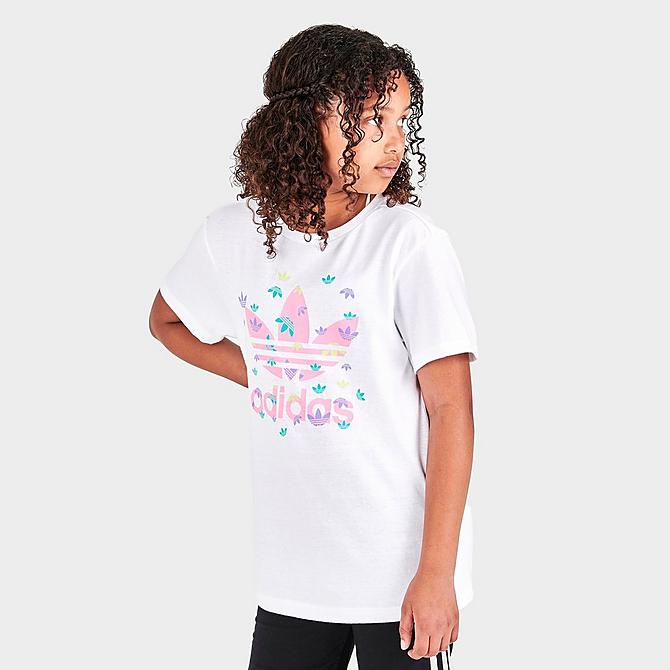 Back Left view of Girls' adidas Originals Allover Trefoil T-Shirt in White Click to zoom