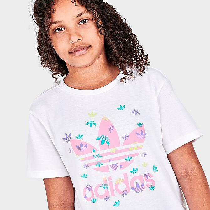 On Model 5 view of Girls' adidas Originals Allover Trefoil T-Shirt in White Click to zoom