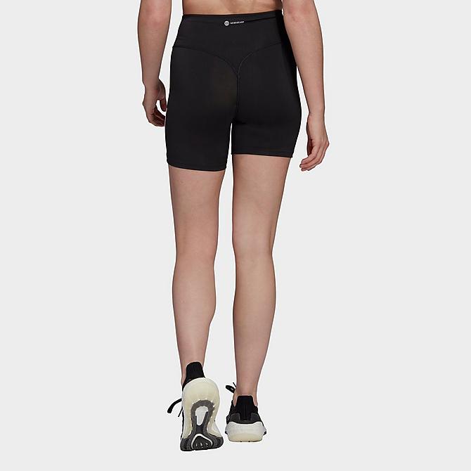 Back Left view of Women's adidas Hyperglam AEROREADY High-Rise Bike Shorts in Black Click to zoom
