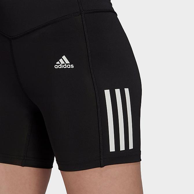 Back Right view of Women's adidas Hyperglam AEROREADY High-Rise Bike Shorts in Black Click to zoom
