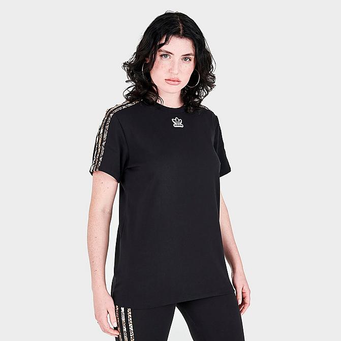Front view of Women's adidas Originals Snake T-Shirt in Black Click to zoom