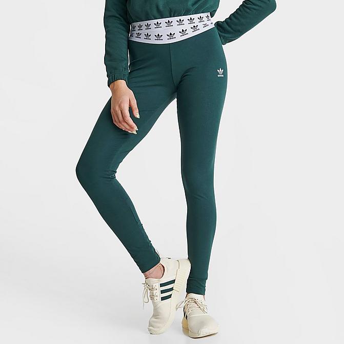Front view of Women's adidas Originals Trefoil Tape Leggings in Mineral Green Click to zoom