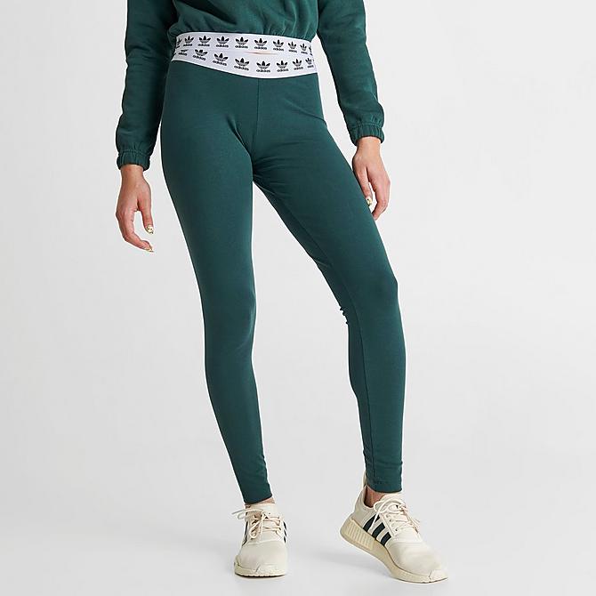 Back Left view of Women's adidas Originals Trefoil Tape Leggings in Mineral Green Click to zoom
