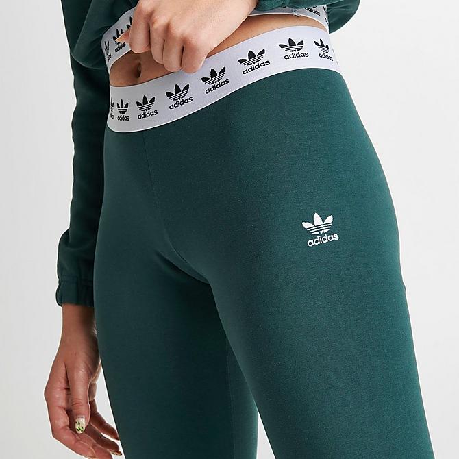 On Model 5 view of Women's adidas Originals Trefoil Tape Leggings in Mineral Green Click to zoom