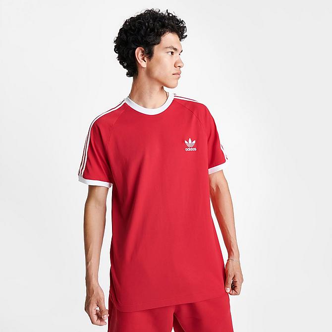 Back Left view of Men's adidas Originals adicolor Classics 3-Stripes T-Shirt in Better Scarlet Click to zoom