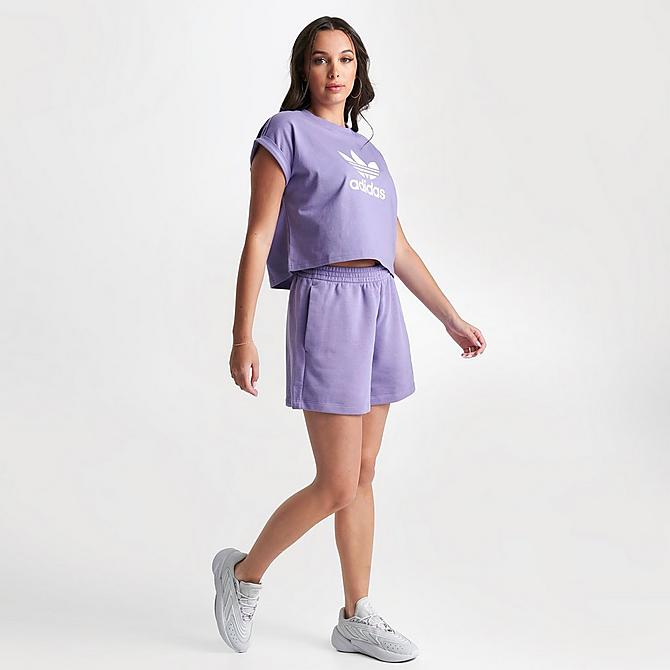 Front Three Quarter view of Women's adidas Originals Adicolor Essentials French Terry Shorts in Magic Lilac Click to zoom