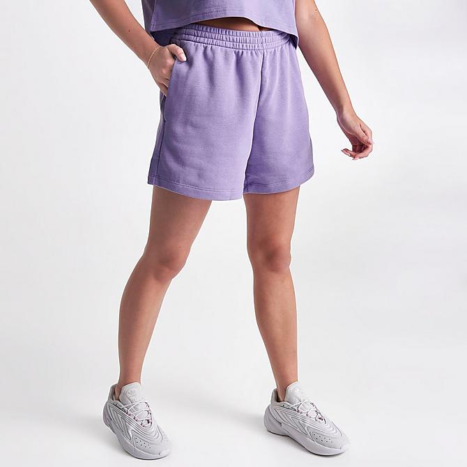 Back Left view of Women's adidas Originals Adicolor Essentials French Terry Shorts in Magic Lilac Click to zoom