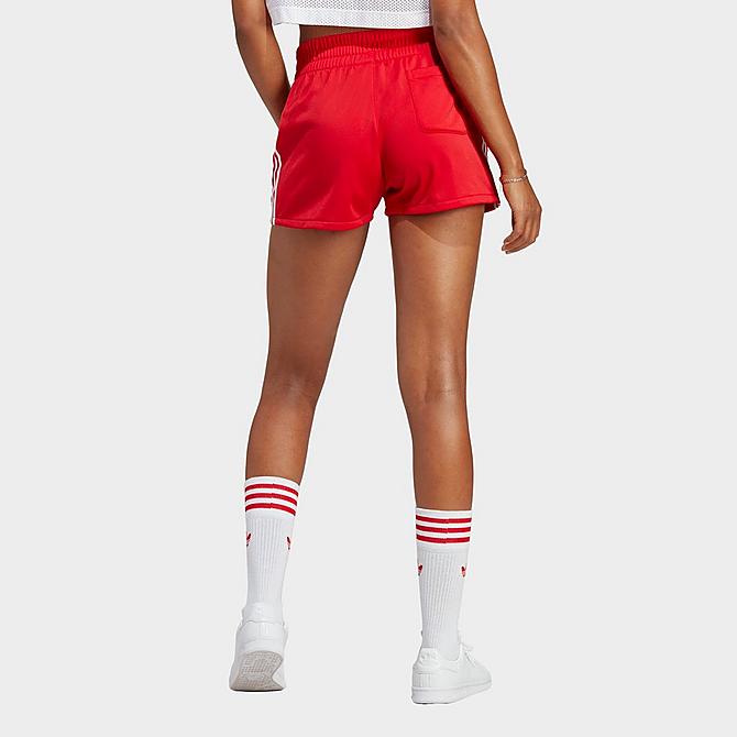 Front Three Quarter view of Women's adidas Originals 3-Stripes Shorts in Better Scarlet Click to zoom