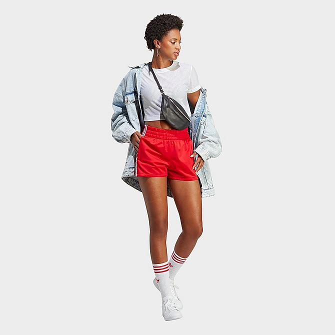 Back Left view of Women's adidas Originals 3-Stripes Shorts in Better Scarlet Click to zoom