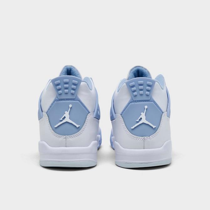 Left view of Girls' Little Kids' Air Jordan Retro 4 Basketball Shoes in White/Blue Tint/Oil Green/Aluminum Click to zoom