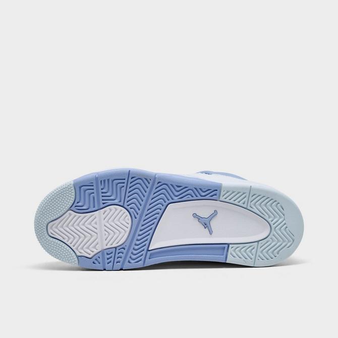 Bottom view of Girls' Little Kids' Air Jordan Retro 4 Basketball Shoes in White/Blue Tint/Oil Green/Aluminum Click to zoom