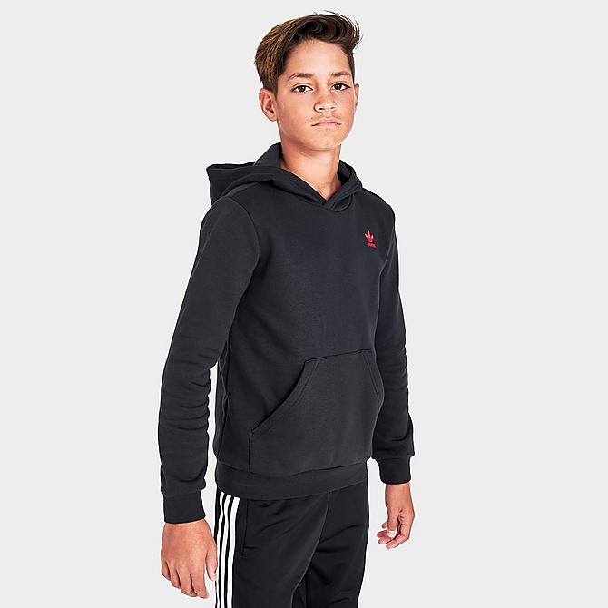 Back Left view of Kids' adidas Originals Trefoil Pullover Hoodie in Black/Red Click to zoom