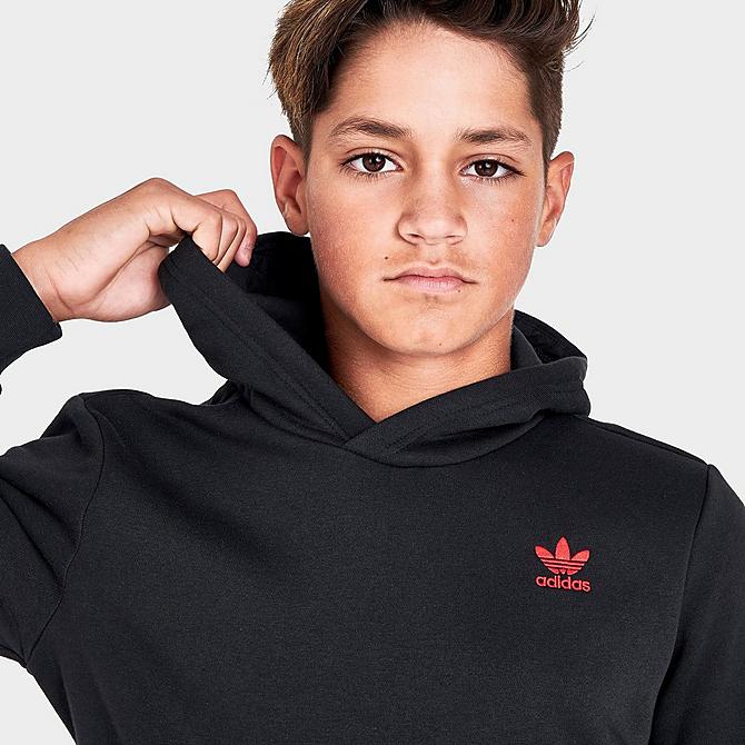 On Model 5 view of Kids' adidas Originals Trefoil Pullover Hoodie in Black/Red Click to zoom