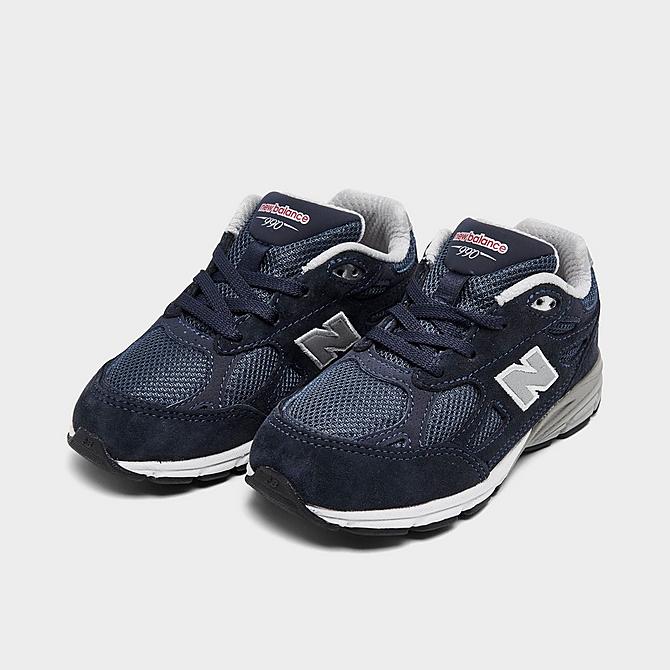 Three Quarter view of Kids' Toddler New Balance 990 V3 Casual Shoes in Navy/Grey Click to zoom