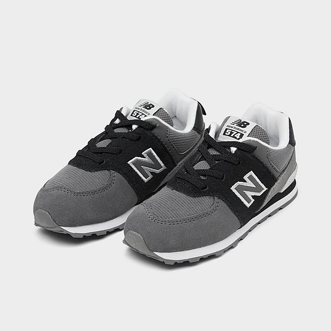 Three Quarter view of Boys' Toddler New Balance 574 Suede Casual Shoes in Black/Castlerock Click to zoom