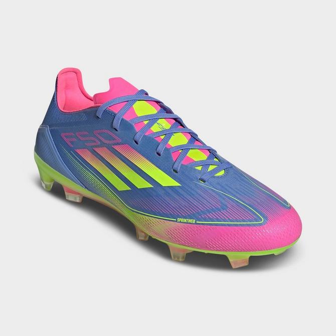Three Quarter view of Men's adidas F50 Pro Firm Ground Soccer Cleats in Blue Fusion/Lucid Lemon/Lucid Pink Click to zoom