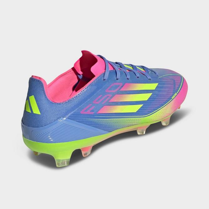 Left view of Men's adidas F50 Pro Firm Ground Soccer Cleats in Blue Fusion/Lucid Lemon/Lucid Pink Click to zoom
