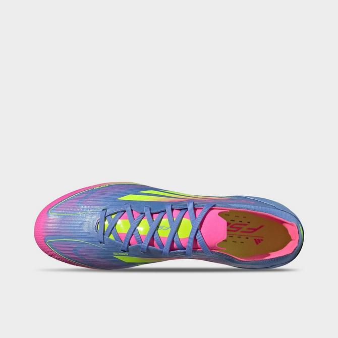 Back view of Men's adidas F50 Pro Firm Ground Soccer Cleats in Blue Fusion/Lucid Lemon/Lucid Pink Click to zoom
