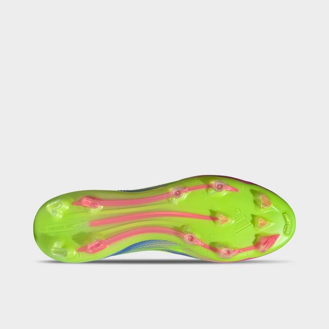 Bottom view of Men's adidas F50 Pro Firm Ground Soccer Cleats in Blue Fusion/Lucid Lemon/Lucid Pink Click to zoom