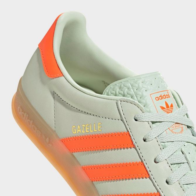 Front view of Women's adidas Originals Gazelle Casual Shoes in Linen Green/Solar Orange/Gum Click to zoom