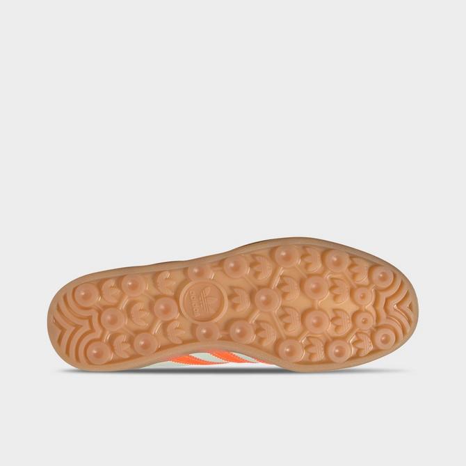 Bottom view of Women's adidas Originals Gazelle Casual Shoes in Linen Green/Solar Orange/Gum Click to zoom