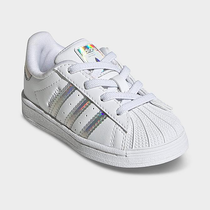 Three Quarter view of Kids' Toddler adidas Originals Superstar Casual Shoes in White/Silver Dawn Click to zoom