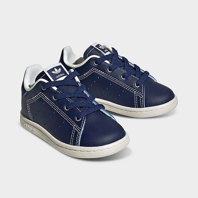 Three Quarter view of Kids' Toddler adidas Originals Stan Smith Stretch Lace Recycled Casual Shoes in Dark Blue/Core White/Dark Blue Click to zoom