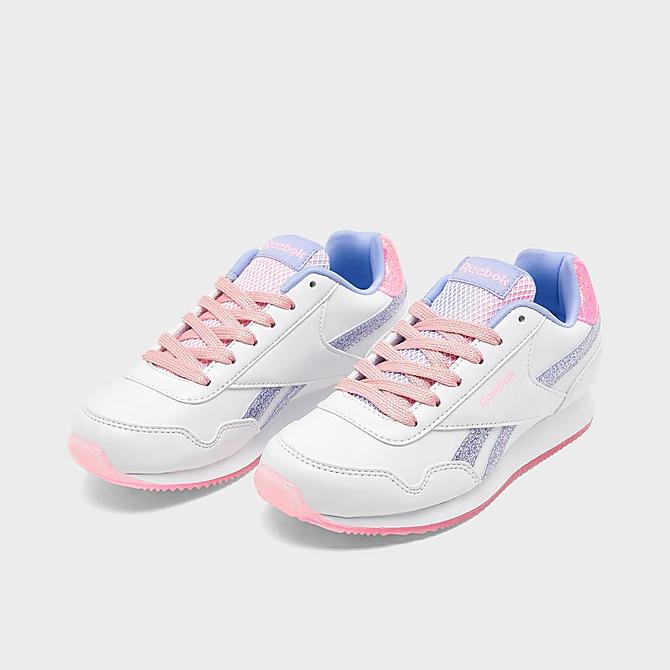 Three Quarter view of Girls' Little Kids' Reebok Royal Classic Jogger 2 Platform Casual Shoes in Footwear White/Pink Glow/Lilac Glow Click to zoom