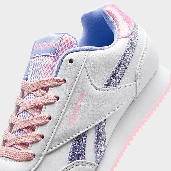 Front view of Girls' Little Kids' Reebok Royal Classic Jogger 2 Platform Casual Shoes in Footwear White/Pink Glow/Lilac Glow Click to zoom