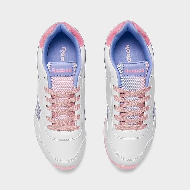 Back view of Girls' Little Kids' Reebok Royal Classic Jogger 2 Platform Casual Shoes in Footwear White/Pink Glow/Lilac Glow Click to zoom