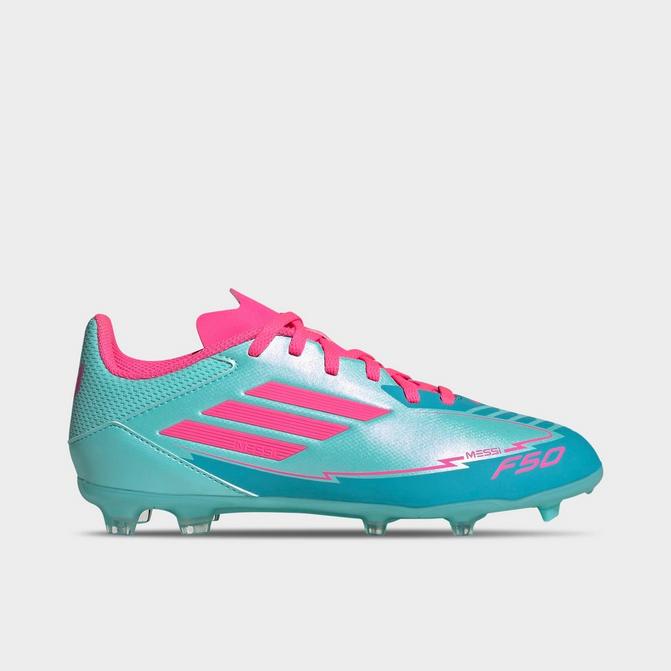 Right view of Big Kids' adidas x Messi F50 League Firm Ground-Multi Ground Soccer Cleats in Flash Aqua/Lucid Pink/Lucid Cyan Click to zoom