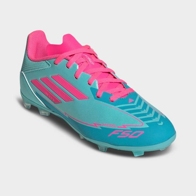 Three Quarter view of Big Kids' adidas x Messi F50 League Firm Ground-Multi Ground Soccer Cleats in Flash Aqua/Lucid Pink/Lucid Cyan Click to zoom