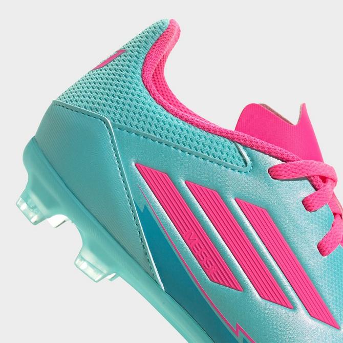 Front view of Big Kids' adidas x Messi F50 League Firm Ground-Multi Ground Soccer Cleats in Flash Aqua/Lucid Pink/Lucid Cyan Click to zoom