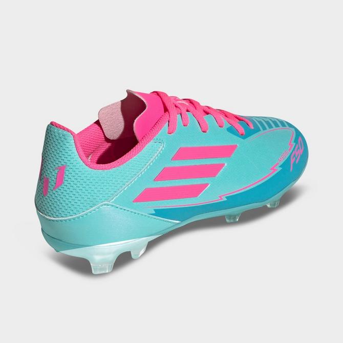 Left view of Big Kids' adidas x Messi F50 League Firm Ground-Multi Ground Soccer Cleats in Flash Aqua/Lucid Pink/Lucid Cyan Click to zoom