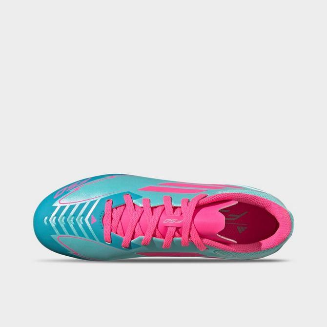 Back view of Big Kids' adidas x Messi F50 League Firm Ground-Multi Ground Soccer Cleats in Flash Aqua/Lucid Pink/Lucid Cyan Click to zoom