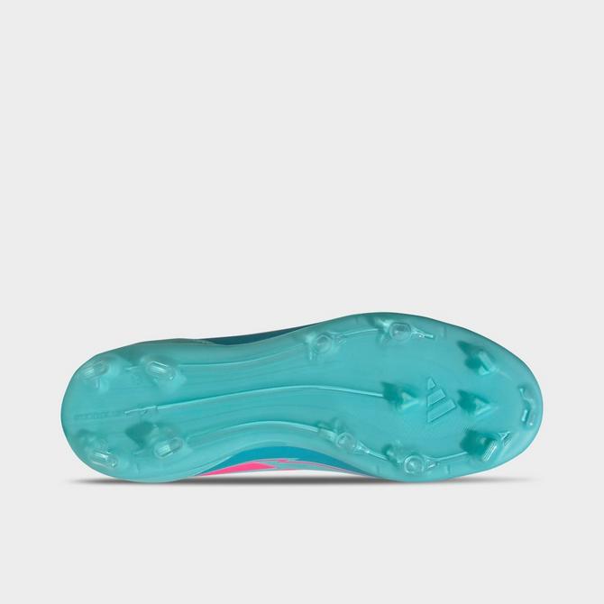 Bottom view of Big Kids' adidas x Messi F50 League Firm Ground-Multi Ground Soccer Cleats in Flash Aqua/Lucid Pink/Lucid Cyan Click to zoom