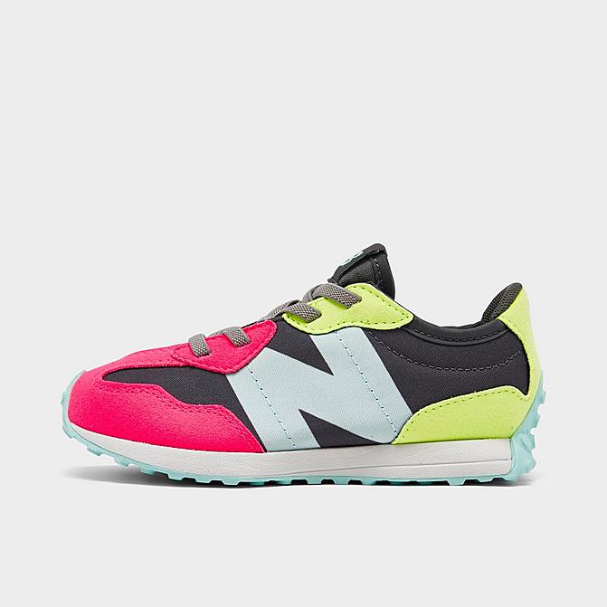 Right view of Kids' Toddler New Balance 327 Casual Shoes in Dark Grey/Pink/Lime/Light Blue Click to zoom