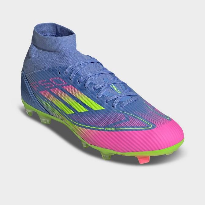 Three Quarter view of Women's adidas F50 League Mid-Cut Firm/Multi-Ground Soccer Cleats in Blue Fusion/Lucid Lemon/Lucid Pink Click to zoom