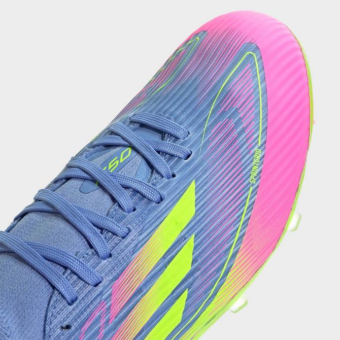 Front view of Women's adidas F50 League Mid-Cut Firm/Multi-Ground Soccer Cleats in Blue Fusion/Lucid Lemon/Lucid Pink Click to zoom