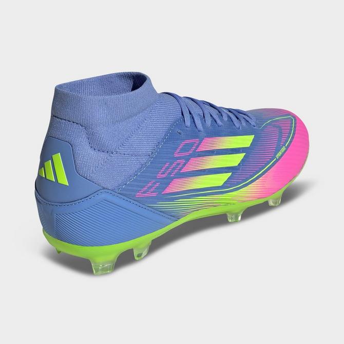 Left view of Women's adidas F50 League Mid-Cut Firm/Multi-Ground Soccer Cleats in Blue Fusion/Lucid Lemon/Lucid Pink Click to zoom