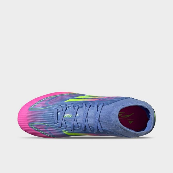 Back view of Women's adidas F50 League Mid-Cut Firm/Multi-Ground Soccer Cleats in Blue Fusion/Lucid Lemon/Lucid Pink Click to zoom