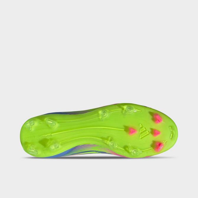 Bottom view of Women's adidas F50 League Mid-Cut Firm/Multi-Ground Soccer Cleats in Blue Fusion/Lucid Lemon/Lucid Pink Click to zoom