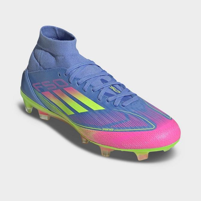 Three Quarter view of Women's adidas F50 Pro Mid-Cut Firm Ground Soccer Cleats in Blue Fusion/Lucid Lemon/Lucid Pink Click to zoom