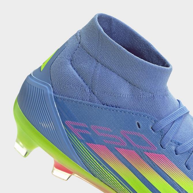 Front view of Women's adidas F50 Pro Mid-Cut Firm Ground Soccer Cleats in Blue Fusion/Lucid Lemon/Lucid Pink Click to zoom