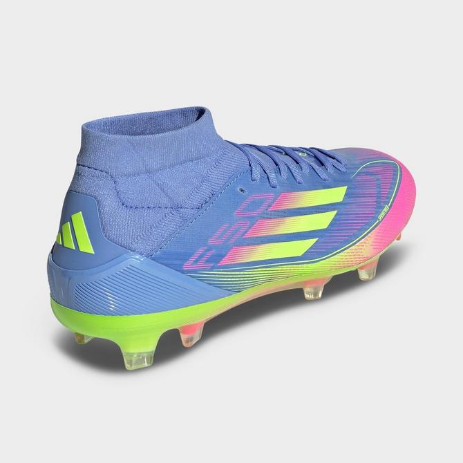 Left view of Women's adidas F50 Pro Mid-Cut Firm Ground Soccer Cleats in Blue Fusion/Lucid Lemon/Lucid Pink Click to zoom