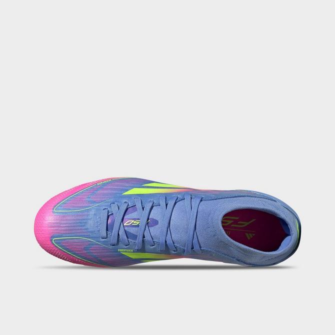 Back view of Women's adidas F50 Pro Mid-Cut Firm Ground Soccer Cleats in Blue Fusion/Lucid Lemon/Lucid Pink Click to zoom