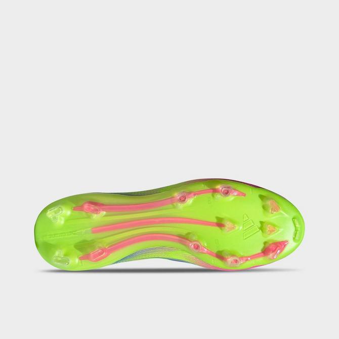 Bottom view of Women's adidas F50 Pro Mid-Cut Firm Ground Soccer Cleats in Blue Fusion/Lucid Lemon/Lucid Pink Click to zoom