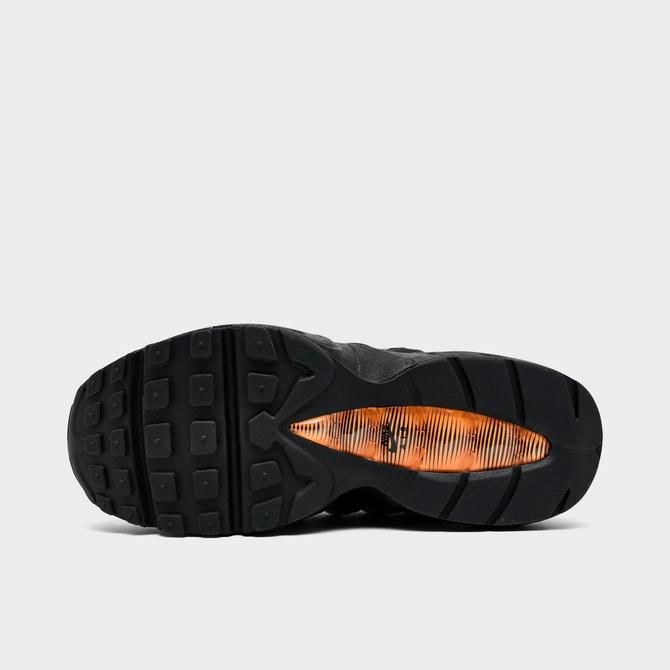 Bottom view of Little Kids' Nike Air Max 95 Casual Shoes in Black/Cool Grey/Bright Mandarin Click to zoom