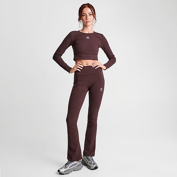 Front Three Quarter view of Women's adidas Originals Ribbed Cropped Long-Sleeve Top in Shadow Brown Click to zoom